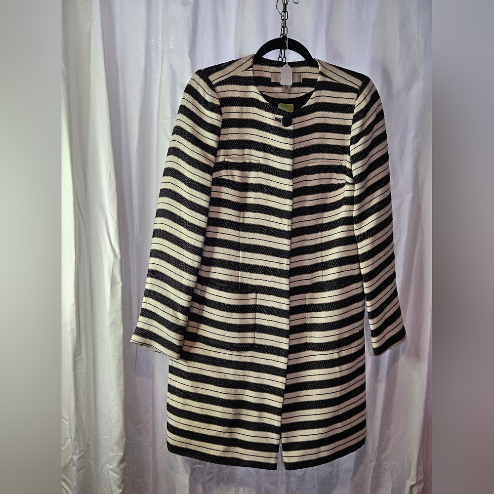 Kew Striped Loned Black and Cream Women's Long Coat